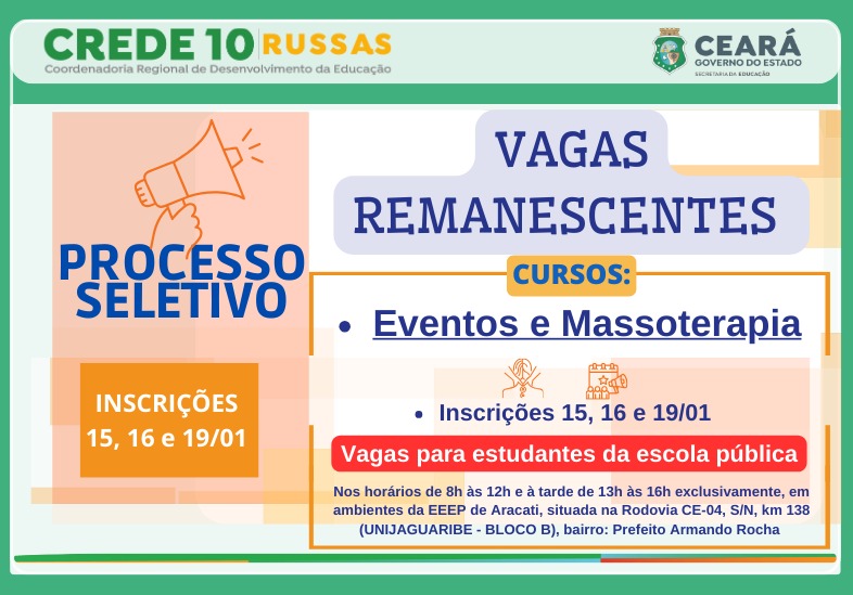 CREDE 10 DIVULGA EDITAL DE VAGAS REMANESCENTES DA NOVA EEEP DE ARACATI PARA A 1ª SÉRIE DE 2026